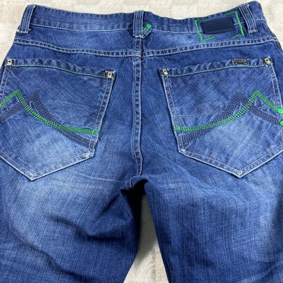 Parish Mens Jeans Distressed Blue Denim Green Accent Stitching Stylish - Picture 16 of 16
